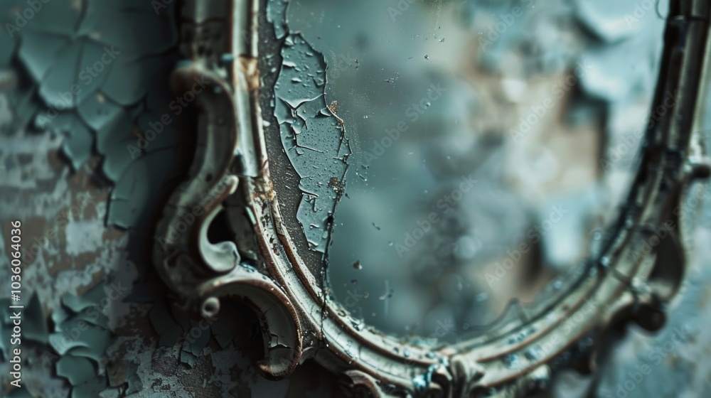 Poster an antique mirror with chipped paint and blurry reflections symbolizing the blurred lines between re