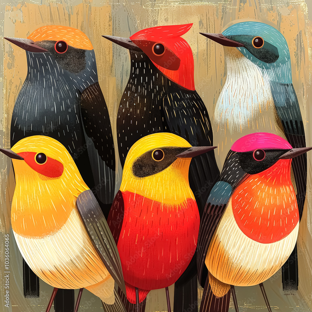 Poster set of six birds with different colors and sizes. the birds are standing in a row, with the first bi