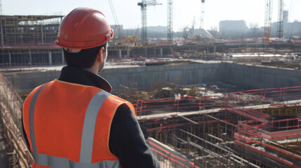 Fototapeta premium construction worker wearing safety vest and helmet observes large building site with cranes and scaffolding, ensuring safety and progress. scene is busy and industrial