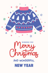 Colourful Christmas greeting card in cartoon style. Funny hand drawn winter sweater. Vector illustration