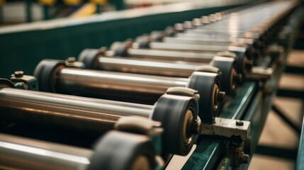 A detailed look at a conveyor belt's rollers and belts, with material textures and movement, Industrial setting with mechanical precision