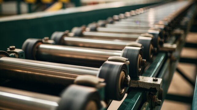 A detailed look at a conveyor belt's rollers and belts, with material textures and movement, Industrial setting with mechanical precision
