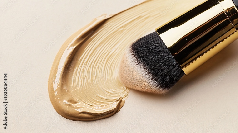 Poster a detailed image of a golden brush on top of a white base with a foundation shader applied