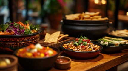 Obraz premium Mexican traditional food on the table. Authentic Mexican cuisine with bright dishes. Concept of cultural celebration, culinary, festive meal, feast, Day of the Dead, Dia de los Muertos celebration