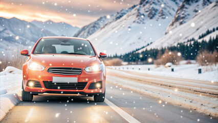 Fototapeta premium Red car driving through snow-covered road in winter with scenic mountain background