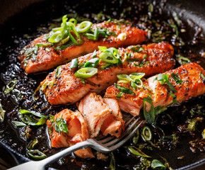 Teriyaki salmon sprinkled chopped scallion on a black background, close up view