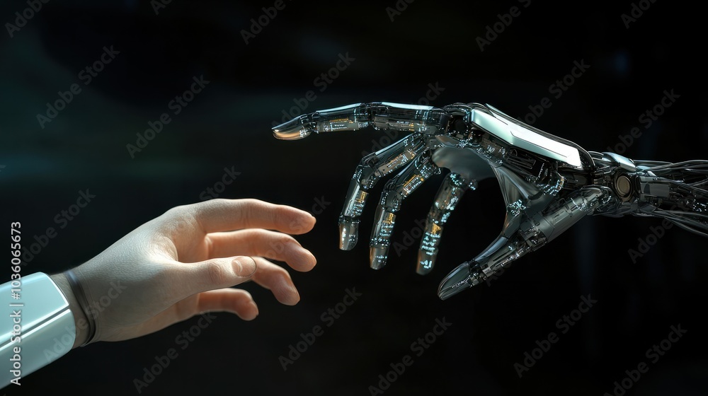 Poster robot and human hands touch on network, illustrating big data connection and tech partnership