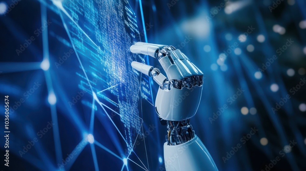 Poster robot hand pressing on virtual digital screen big data connection technology ai machine learning ide