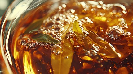   A close-up shot of a glass containing liquid with a leaf floating atop and another leaf submerged at the bottom