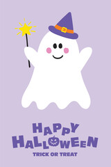 Cute Halloween card with funny ghost. Vector illustration