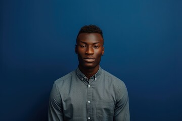 Obraz premium Confident Young Man in Grey Button-Up Against Deep Blue Background for Professional Portraits