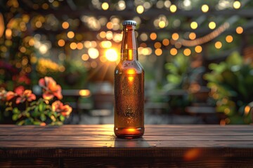 Amber beer bottle against the bar backdrop: close-up mockup.