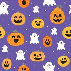 Halloween background. Seamless texture with cute pumpkins and ghosts. Vector illustration
