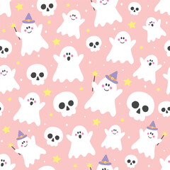 Seamless pattern with hand drawn ghosts and skulls. Halloween background. Vector illustration