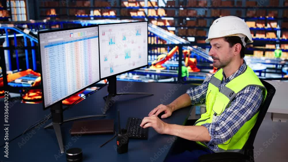 Aufkleber warehouse manager sitting at desktop computer. delivery logistic