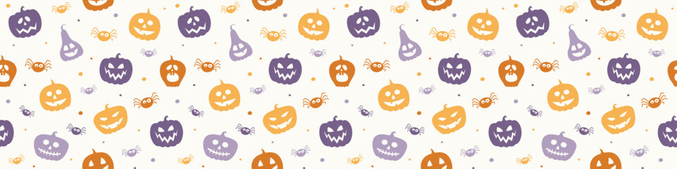 Design of Halloween pattern with funny pumpkin lanterns and spiders. Banner. Vector