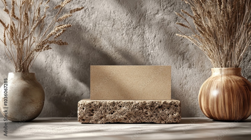 Poster a minimalist display featuring natural materials and soft lighting in a serene indoor setting with d