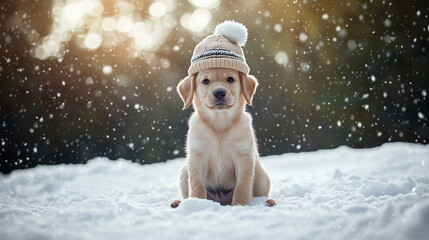 Cute puppy wearing a winter hat sitting in the snow