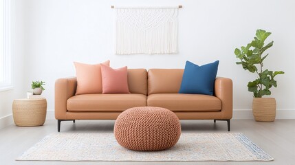 Minimalist living room with tan sofa, colorful pillows, round knitted ottoman, macrame wall hanging, indoor plants, cozy and modern design, bright natural light, neutral tones, stylish interior


