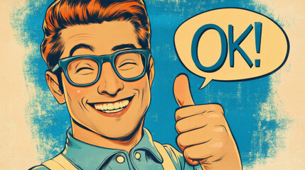 A cool, retro-style drawing of a handsome guy with glasses. He's smiling, winking, and giving a thumbs up with the word "OK!" in a speech bubble above him. It looks like a fun invitation poster.