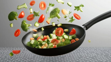 Vegetables fall into a black frying pan on a transparent background. Healthy food concept