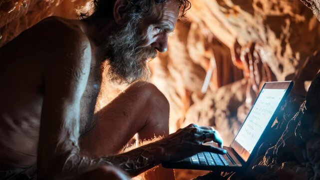 Primitive man is sitting in the cave and trying to typing on the laptop