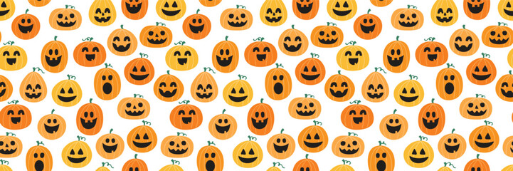 Halloween background. Seamless texture with cute pumpkins. Banner. Vector illustration
