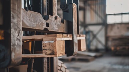 A detailed look at a forklift's forks lifting a wooden pallet, with grains of the wood visible, Industrial setting with sharp details