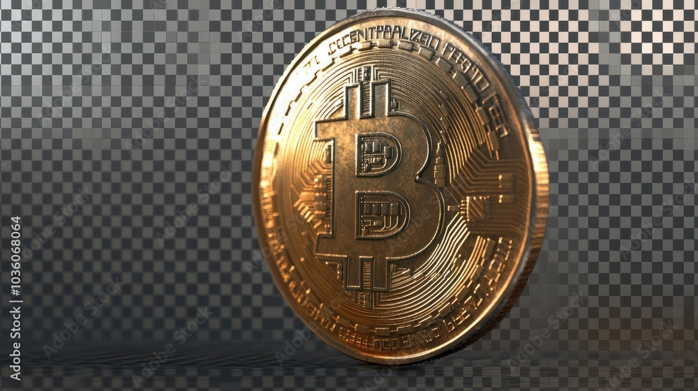 Poster a close up of the single bitcoin isollated on the transparent background.