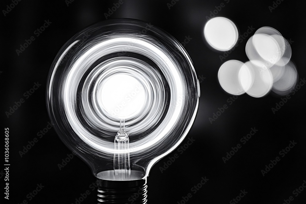 Poster modern lightbulb with a circular design is shining in the darkness, creating a bright light source a