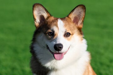Pembroke Welsh Corgi puppy walks on a sunny day in a clearing with green grass. Sits with his tongue hanging out and looks at the camera. Happy little dog. Concept of care, animal life, health, show