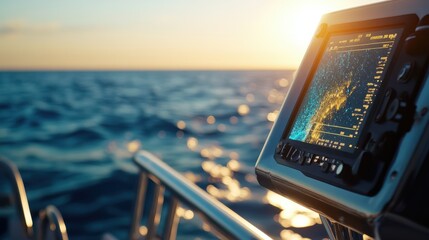 A high-tech fishing sonar device mounted on a boat, bright, clear light reflecting off its screen, modern, sleek design with digital readouts, background of sparkling water and a distant horizon,