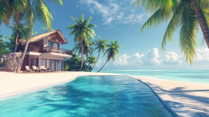 A luxurious beachfront villa with a private swimming pool and tropical palm trees providing a serene escape under a clear blue sky