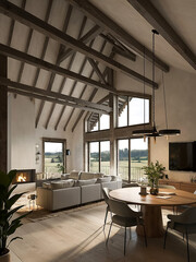 Farm house luxury style living room with a fireplace and a sconce hanging from the ceiling. Generative AI.