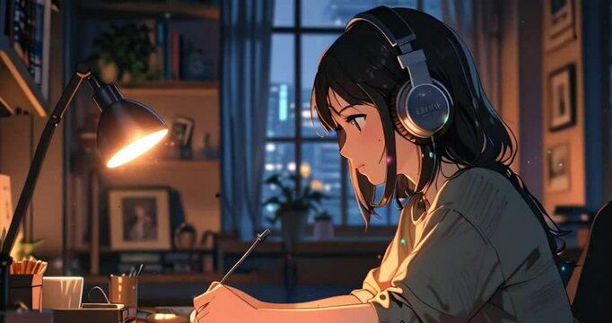 A woman wearing headphones, gazing into a distant, blurred cityscape. The style should evoke Lofi anime vibes, comic,cartoon with smooth, seamless loop motion graphics generated by AI