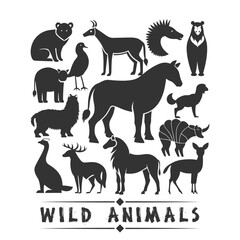 Vector black silhouette illustration set of wild forest animals