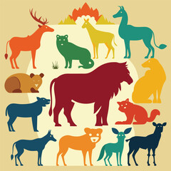 Vector black silhouette illustration set of wild forest animals