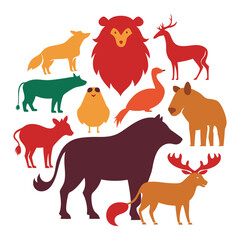 Vector black silhouette illustration set of wild forest animals