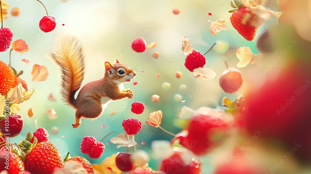 Aufkleber a squirrel soars through the sky with a cluster of strawberries and raspberries in sight on a bright