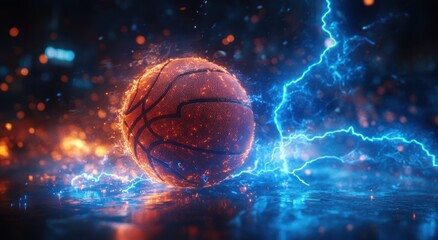 Obraz premium A vibrant basketball surrounded by dynamic fire and electric blue energy.