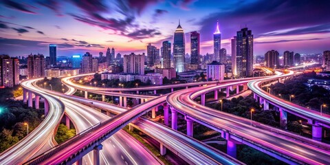 Fototapeta premium Urban Symphony Elevated Highway with City Skyline at Dusk, Long Exposure, Light Trails, Cityscape, Urban, Night
