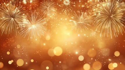 Obraz premium Abstract orange gold color glitter background with fireworks, Christmas event, new year event, 4th of July event and blur milky way background
