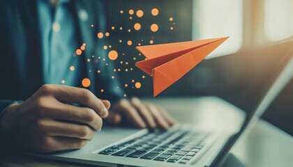 Businessman Uses Email Subscription Form To Send Newsletter And Promote Products, Embrace Online Communication And Marketing Strategy With Origami Paper Airplane Launch.