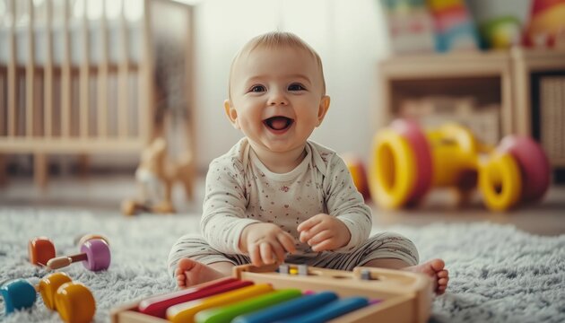 Isolated Cartoon  Illustration Set For Infants' Cognitive Development: Playing Games, Listening To Music, Toy Instruments In Daycare And Nursery School.