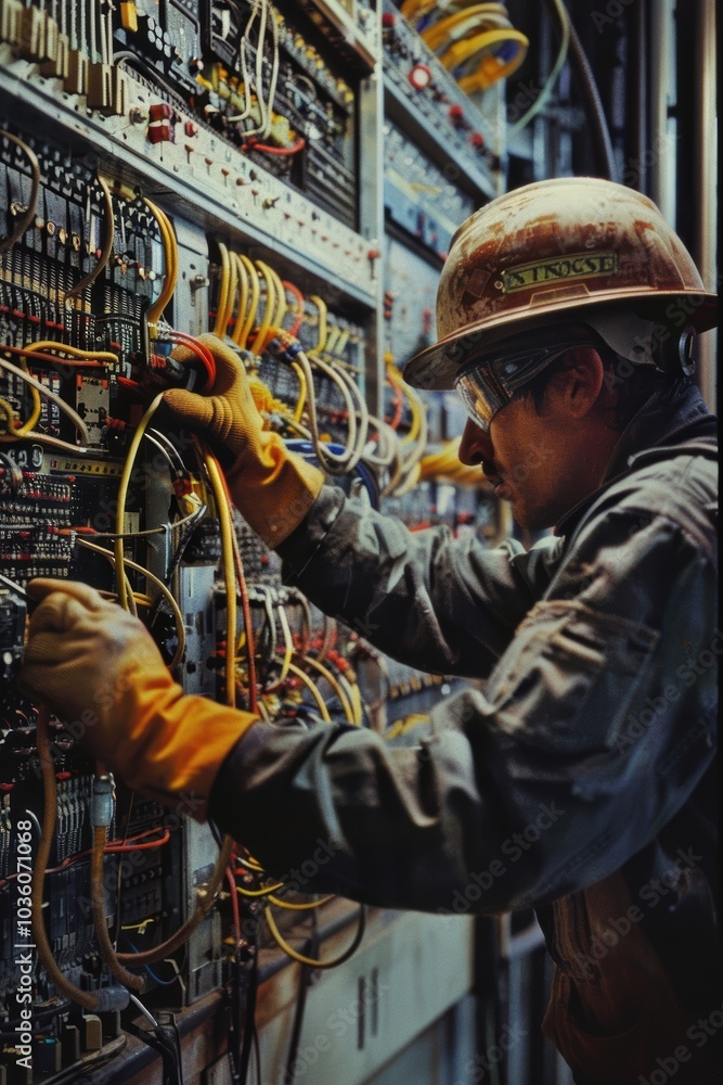 Poster skilled electrician adjusting control panel wiring for safe and efficient operation