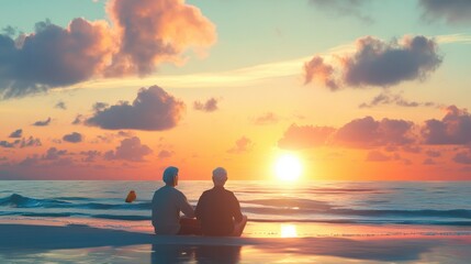 Obraz premium An elderly couple enjoying a sunset on the beach. Elderly Couple Sunset Beach Scenic Relaxation Nature Outdoors Peaceful Romantic.