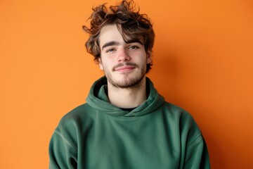 Obraz premium Casual Young Man in Green Hoodie Against Bright Orange Background for Contemporary Portrait Design