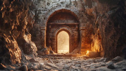 Obraz premium a stone tunnel with a door and some torches in it's center and a stone floor and walls