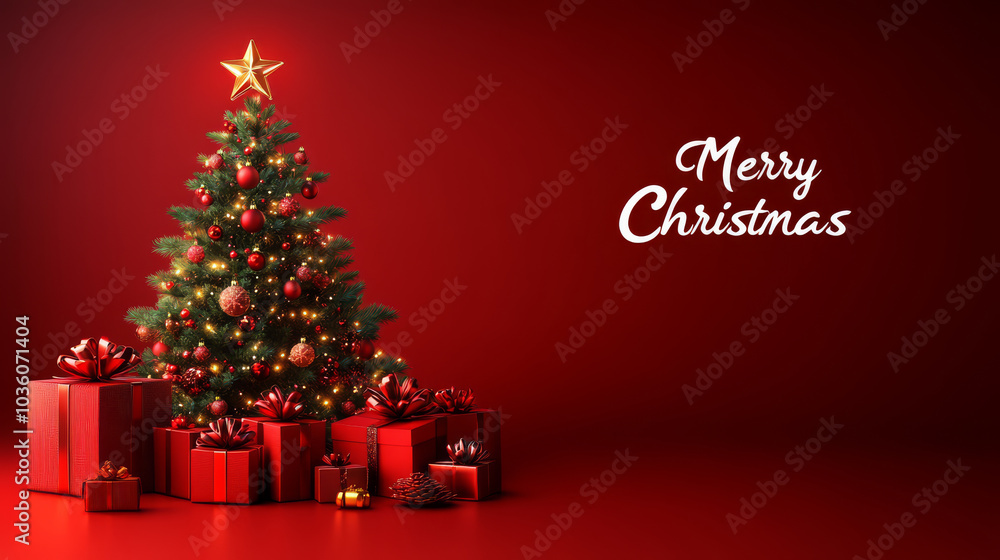 Wall mural beautifully decorated christmas tree with glowing lights and star on top stands surrounded by red gi