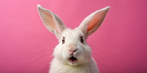 Obraz premium White Rabbit with Big Ears on Pink Background, rabbit, fluffy, pet